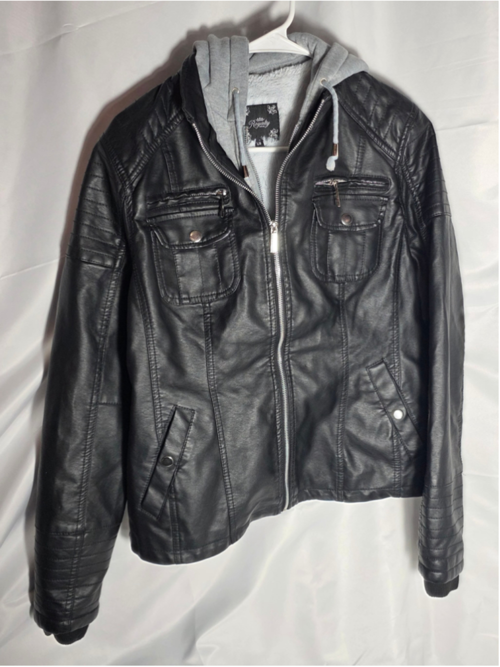 Women's Royalty For Me Black Faux Leather Jacket with Grey Hood, L goth biker